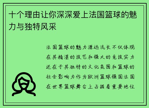 十个理由让你深深爱上法国篮球的魅力与独特风采